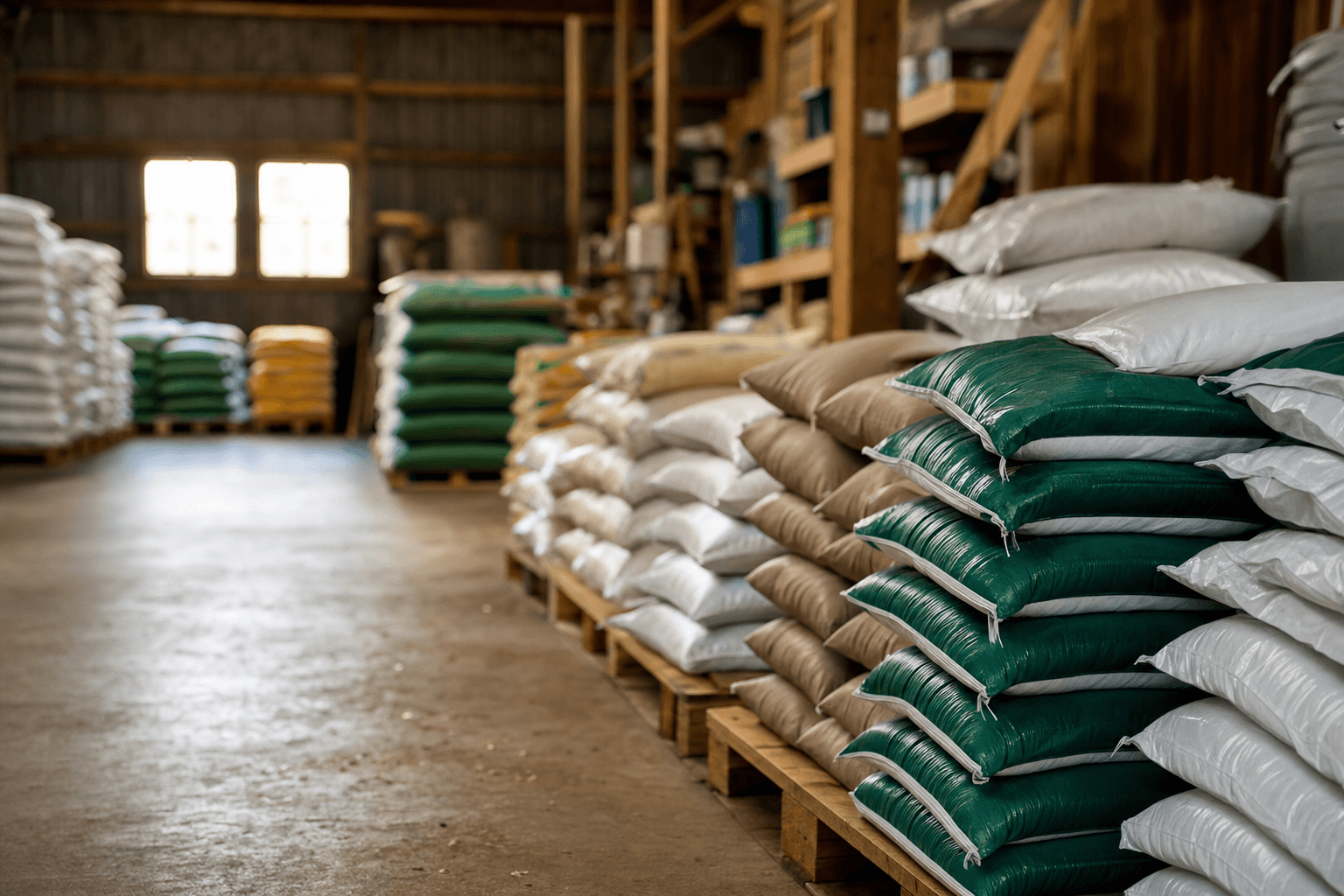 Stacked sacks of farm inputs in a warehouse
